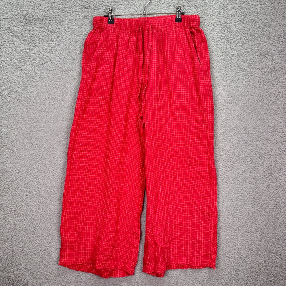 Eileen Fisher Pants Womens S Red Organic Linen Windowpane Wide Leg Crop Y2K